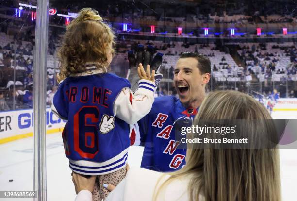 Ryan Strome of the New York Rangers greets his daughter prior to the game against the Carolina Hurricanes in Game Three of the Second Round of the...