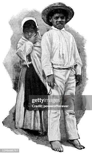 girl and boy in traditional mexican clothing - 19th century - mexico black and white stock illustrations