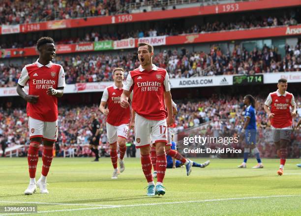 Cedric Soares celebrates scoring Arsenal's 3rd goal during the Premier League match between Arsenal and Everton at Emirates Stadium on May 22, 2022...