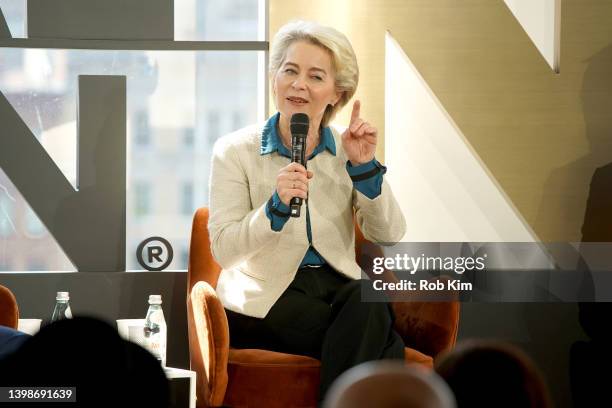 President of the European Commission, Ursula von der Leyen speaks on a panel at the Global Citizen NOW Summit at Spring Studios on May 22, 2022 in...