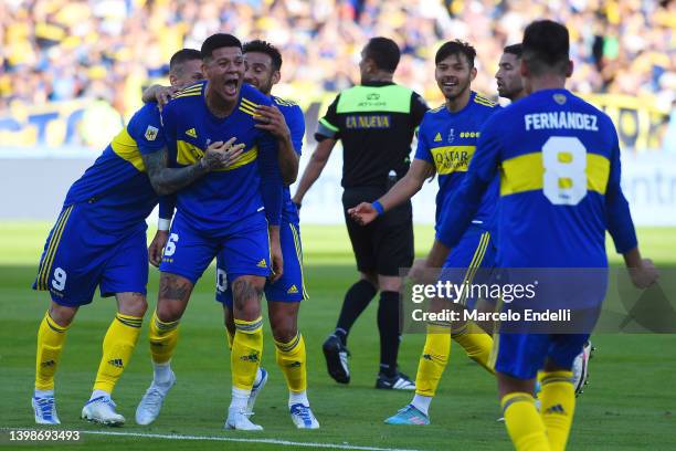 Marcos Rojo of Boca Juniors celebrates with teammates after scoring the first goal of his team during the final match of the Copa de la Liga 2022...