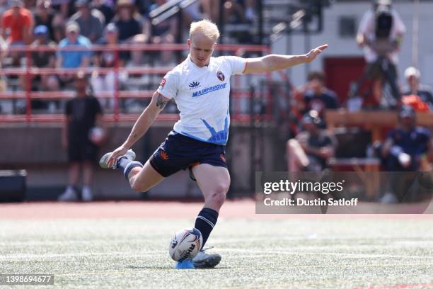 Jack Heighton of Rugby New York kicks against Rugby ATL in the first half of the Major League Rugby match at JFK Stadium on May 22, 2022 in Hoboken,...