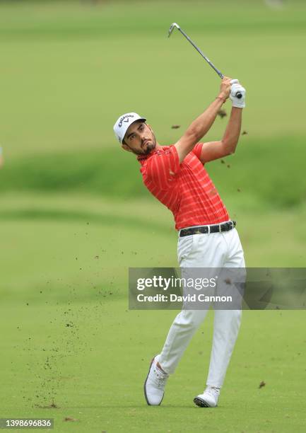 Abraham Ancer of Mexic plays his third shot on the second hole during the final round of the 2022 PGA Championship at Southern Hills Country Club on...