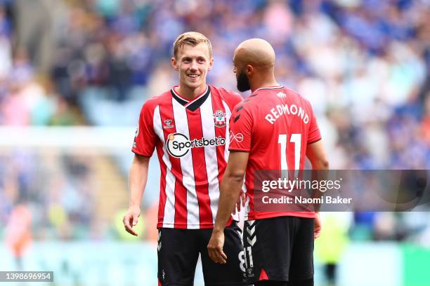 James Ward-Prowse of Southampton speaks with Nathan Redmond following the Premier League match between Leicester City and Southampton at The King...