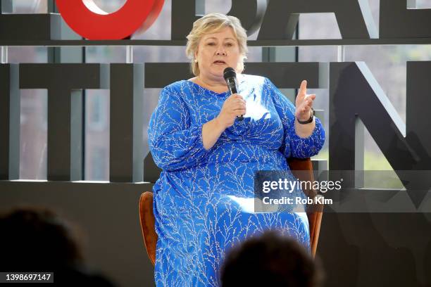 Former Prime Minister of Norway and GC Global Board Member, PM Erna Solberg speaks onstage at the Global Citizen NOW Summit at Spring Studios on May...