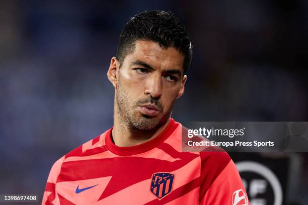 Luis Suarez of Atletico de Madrid looks on prior the Spanish league, La Liga match between Real Sociedad and Atletico de Madrid at Reale Arena on May...