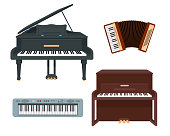 Classical keyboard musical instruments Set of icons.