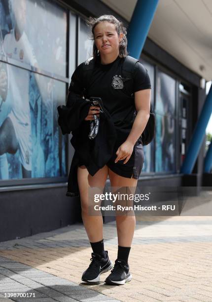 Meg Davies of Exeter Chiefs Women arrives prior to kick off of the Allianz Premier 15s Semi Final match between Exeter Chiefs Women and Bristol Bears...