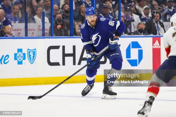 Erik Cernak of the Tampa Bay Lightning skates against the Florida Panthers during the first period in Game Three of the Second Round of the 2022...