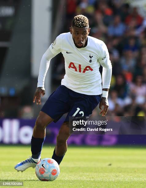 Emerson Royal of Tottenham Hotspur runs with the ball during the Premier League match between Norwich City and Tottenham Hotspur at Carrow Road on...