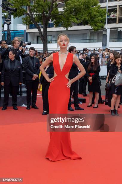 Model Frida Aasen attends the screening of "Forever Young " during the 75th annual Cannes film festival at Palais des Festivals on May 22, 2022 in...