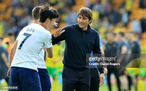 Antonio Conte, the Tottenham Hotspur manager celebrates after their victory during the Premier League match between Norwich City and Tottenham...