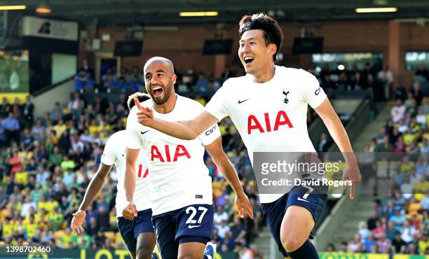 Son Heung-Min of Tottenham Hotspur celebrates after scoring their fourth goal during the Premier League match between Norwich City and Tottenham...