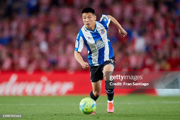 Wu Lei of RCD Espanyol in action during the LaLiga Santander match between Granada CF and RCD Espanyol at Nuevo Estadio de Los Carmenes on May 22,...