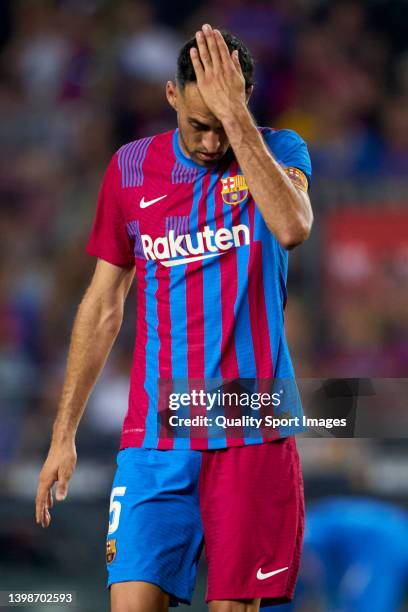 Sergio Busquets of FC Barcelona reacts during the LaLiga Santander match between FC Barcelona and Villarreal CF at Camp Nou on May 22, 2022 in...