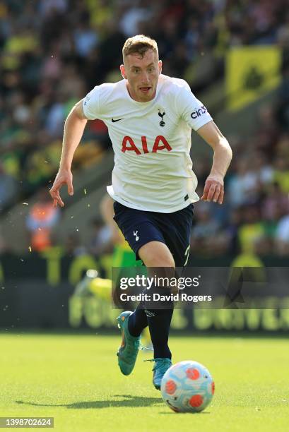Dejan Kulusevski of Tottenham Hotspur runs with the ball during the Premier League match between Norwich City and Tottenham Hotspur at Carrow Road on...