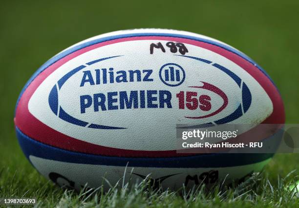 An Allianz Premier 15s match ball during the Allianz Premier 15s Semi Final match between Exeter Chiefs Women and Bristol Bears Women at Sandy Park...