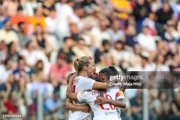 Ada Hegerberg of Olympique Lyonnais celebrates with team mates after scoring her team's second goal during the UEFA Women's Champions League final...