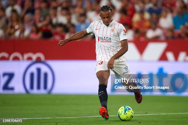 Jules Kounde of Sevilla FC in action during the LaLiga Santander match between Sevilla FC and Athletic Club at Estadio Ramon Sanchez Pizjuan on May...