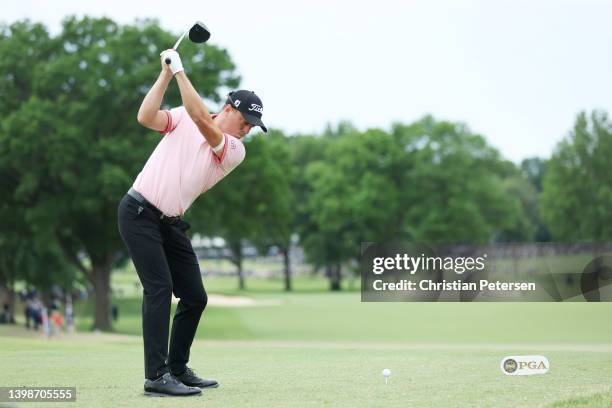 Justin Thomas of the United States plays his shot from the fifth tee during the final round of the 2022 PGA Championship at Southern Hills Country...