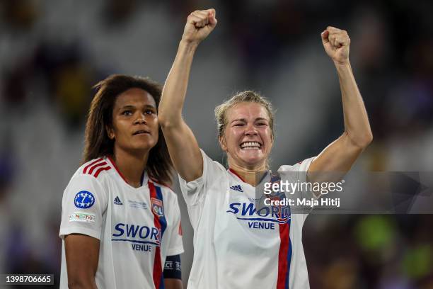 Ada Hegerberg celebrates after the UEFA Women's Champions League final match between FC Barcelona and Olympique Lyon at Juventus Stadium on May 21,...