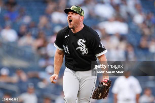 Liam Hendriks of the Chicago White Sox reacts after pitching the final out during the ninth inning of Game One of a doubleheader against the New York...