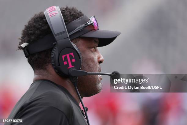 Head coach Kevin Sumlin of the Houston Gamblers looks on in the second quarter of the game against the New Jersey Generals at Protective Stadium on...