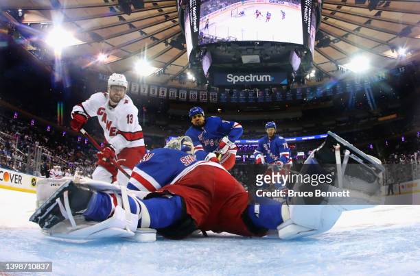 Igor Shesterkin of the New York Rangers makes the second period save on Max Domi of the Carolina Hurricanes in Game Three of the Second Round of the...