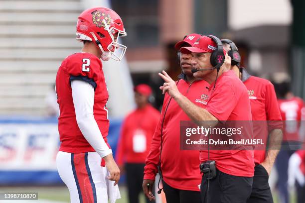 Head coach Mike Riley of the New Jersey Generals talks with Luis Perez in the fourth quarter of the game against the Houston Gamblers at Protective...