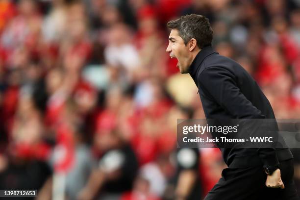 Bruno Lage, Manager of Wolverhampton Wanderers reacts during the Premier League match between Liverpool and Wolverhampton Wanderers at Anfield on May...