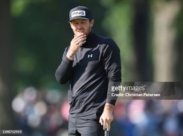 Mito Pereira of Chile reacts on the 17th green during the final round of the 2022 PGA Championship at Southern Hills Country Club on May 22, 2022 in...