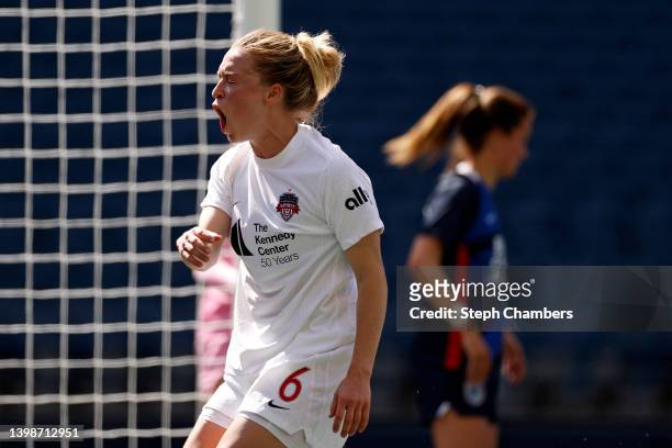 Emily Sonnett of Washington Spirit reacts after a missed opportunity against the OL Reign during the first half at Lumen Field on May 22, 2022 in...