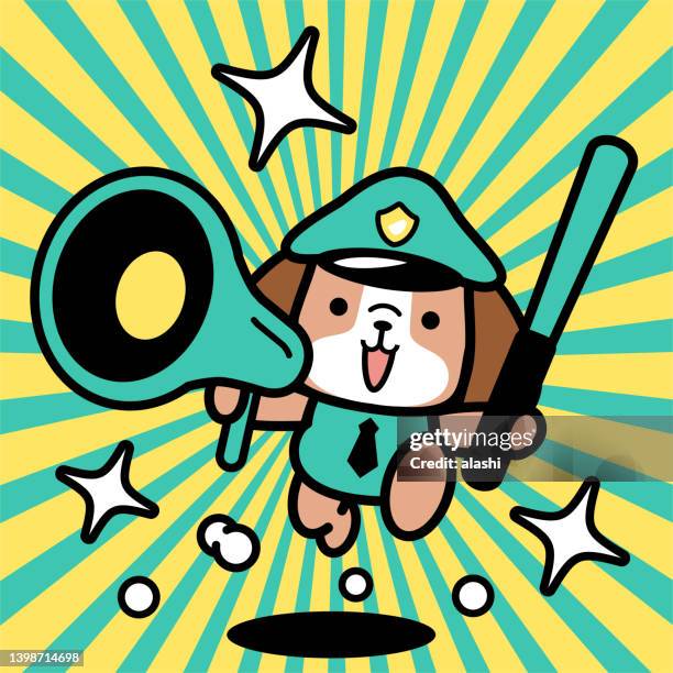 a cute dog police officer holding a nightstick is announcing through a megaphone and running toward the camera - smuggling stock illustrations