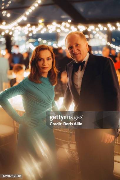 Isabelle Huppert and François-Henri Pinault attend the annual Kering "Women in Motion" awards cocktail at Place de la Castre on May 22, 2022 in...