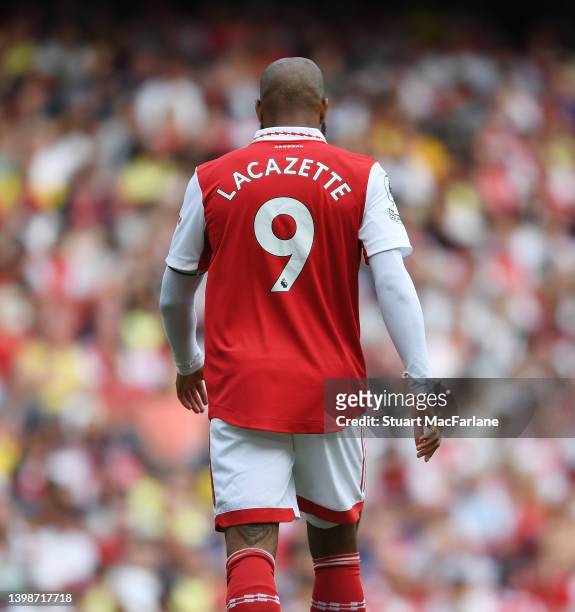 Alex Lacazette of Arsenal during the Premier League match between Arsenal and Everton at Emirates Stadium on May 22, 2022 in London, England.