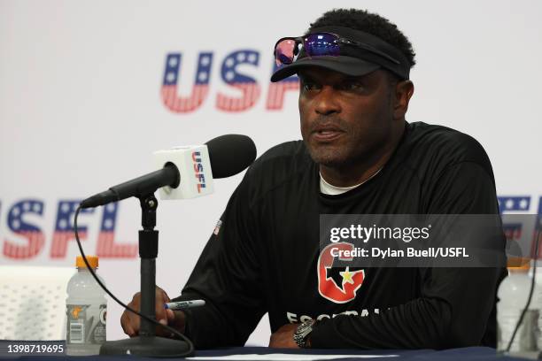 Head coach Kevin Sumlin of the Houston Gamblers talks to reporters after the New Jersey Generals defeated the Houston Gamblers 26-25 at Protective...