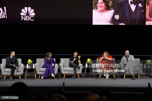 Dan Fogelman, Mandy Moore, Milo Ventimiglia, Chrissy Metz, and Chris Sullivan speak onstage during the THIS IS US Series Finale FYC Screening & Panel...