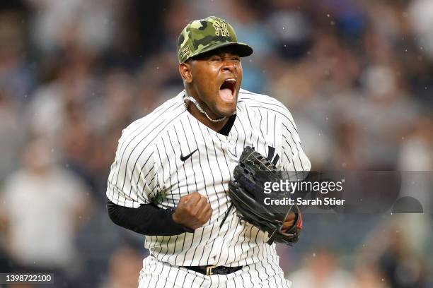 Luis Severino of the New York Yankees reacts after pitching during the fifth inning of Game Two of a doubleheader against the Chicago White Sox at...