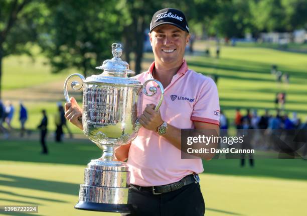 Justin Thomas of The United States holds the Wanamaker Trophy after his victory in the final round of the 2022 PGA Championship at Southern Hills...
