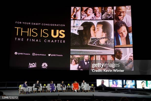 Moderator Patrick Gomez, Dan Fogelman, Mandy Moore, Milo Ventimiglia, Chrissy Metz, and Chris Sullivan speak onstage, and Sterling K. Brown, Susan...