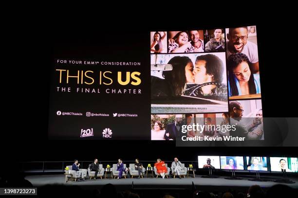 Moderator Patrick Gomez, Dan Fogelman, Mandy Moore, Milo Ventimiglia, Chrissy Metz, and Chris Sullivan speak onstage, and Sterling K. Brown, Susan...