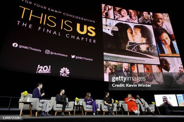 Moderator Patrick Gomez, Dan Fogelman, Mandy Moore, Milo Ventimiglia, Chrissy Metz, and Chris Sullivan speak onstage, and Sterling K. Brown is seen...