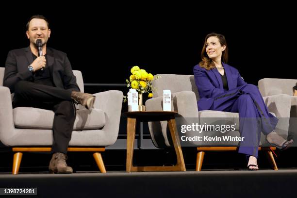 Dan Fogelman and Mandy Moore speak onstage during the THIS IS US Series Finale FYC Screening & Panel presented by 20th Television & NBC at the David...