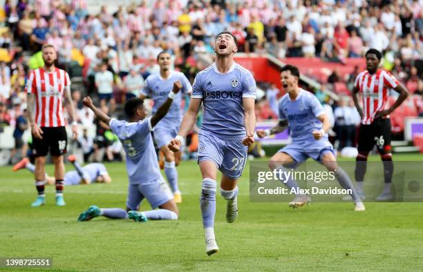 Jack Harrison of Leeds United celebrates scoring his sides second goal during the Premier League match between Brentford and Leeds United at...