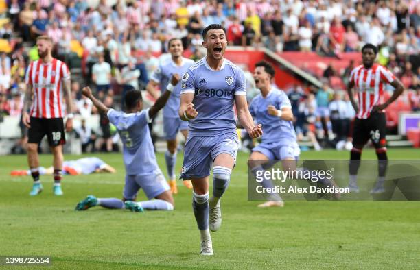 Jack Harrison of Leeds United celebrates scoring his sides second goal during the Premier League match between Brentford and Leeds United at...