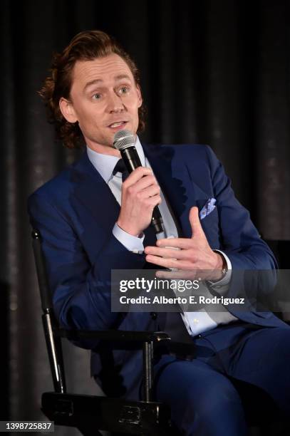 Tom Hiddleston speaks onstage during the LOKI FYC Event at the Silver Screen Theatre at the Pacific Design Center in Los Angeles, CA on May 22, 2022.