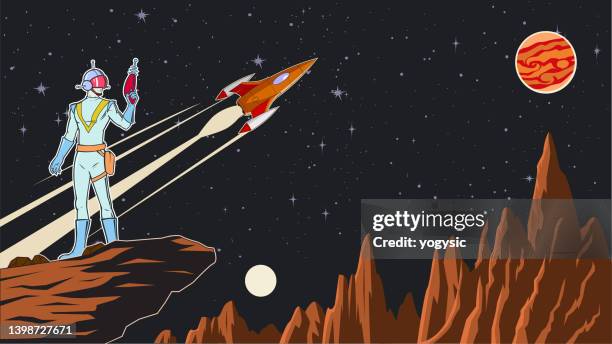 vector retro pop art space in ranger standin on a cliff stock illustration - cartoon spaceship stock illustrations
