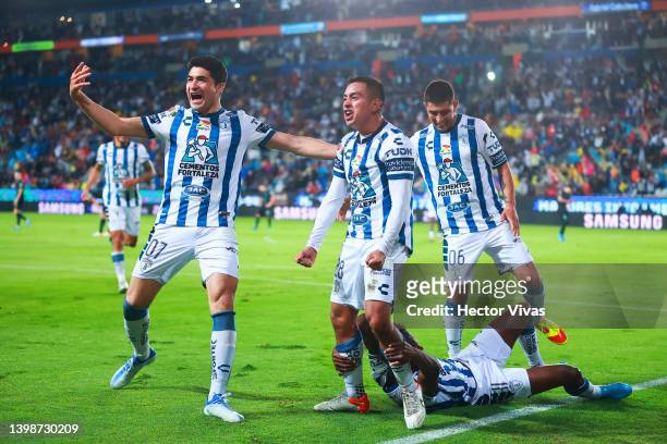 Erick Sanchez of Pachuca celebrates with teammates after scoring his team’s second goal during the semifinal second leg match between Pachuca and...