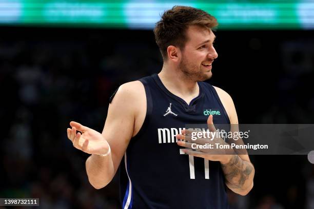 Luka Doncic of the Dallas Mavericks reacts to a play during the second quarter against the Golden State Warriors in Game Three of the 2022 NBA...