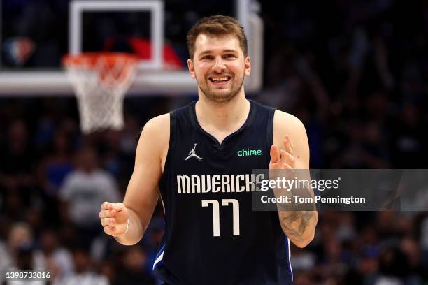 Luka Doncic of the Dallas Mavericks reacts to a play during the second quarter against the Golden State Warriors in Game Three of the 2022 NBA...